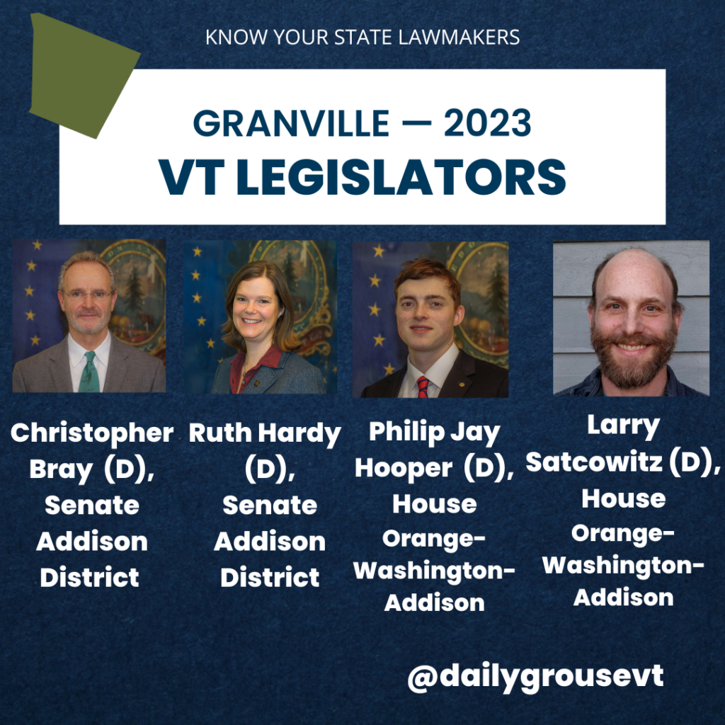 Vermont legislators for the town of Granville, 2023. Christopher Bray, Ruth Hardy, Philip Jay Hooper, Larry Satcowitz