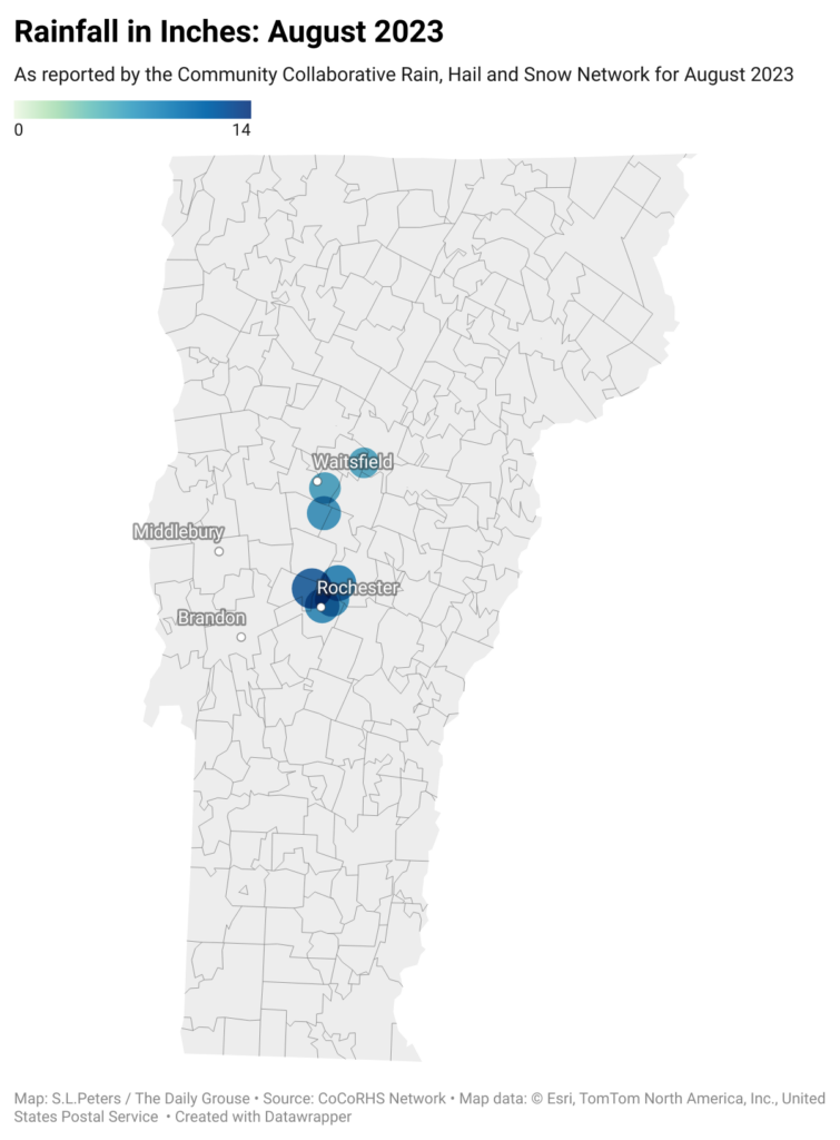 Rainfall in central Vermont towns, August 2023